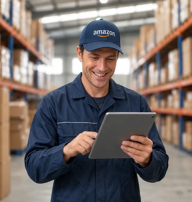 Smiling Amazon warehouse associate in a company cap checking a tablet between storage shelves