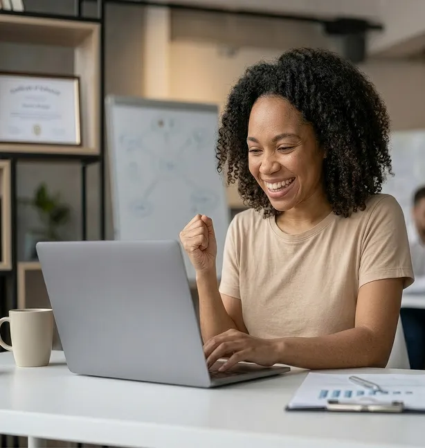 Woman at an office desk celebrating in front of her laptop
