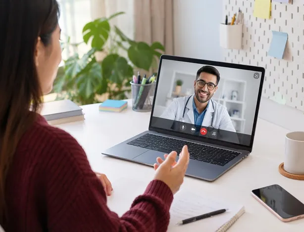 Woman at a home desk on a video visit with a smiling clinician on her laptop
