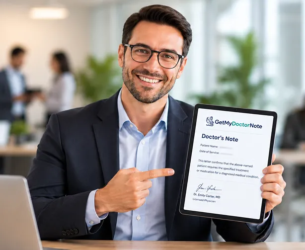 Smiling professional in an office holding up a tablet that shows a signed doctor's note