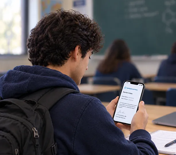 Student in a classroom viewing a signed doctor's note on his phone