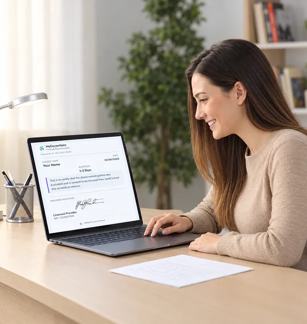 Smiling woman at a desk reviewing a clinician-signed medical document on her laptop