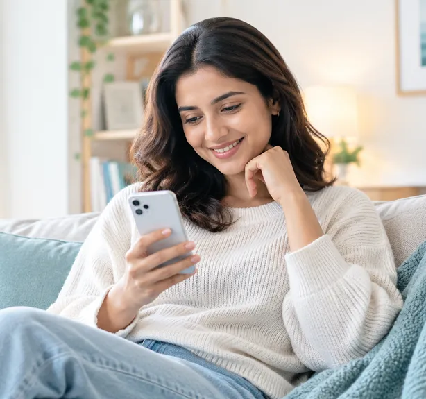 Smiling woman on a sofa at home checking her phone