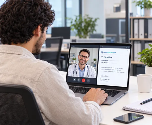 Man at an office desk on a video visit with a physician, with a signed doctor's note on screen