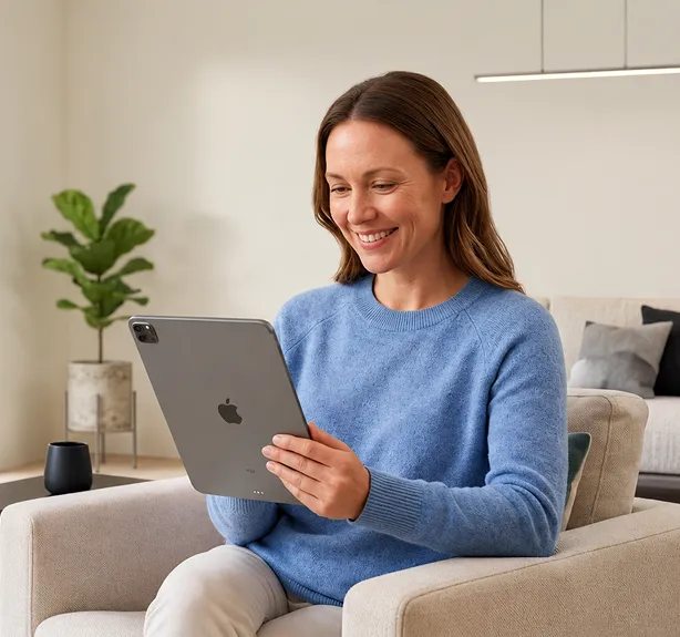 Smiling woman relaxing in an armchair at home while reading on her tablet