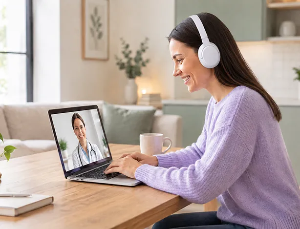 Smiling woman wearing headphones on a telehealth video call with a physician at her kitchen table