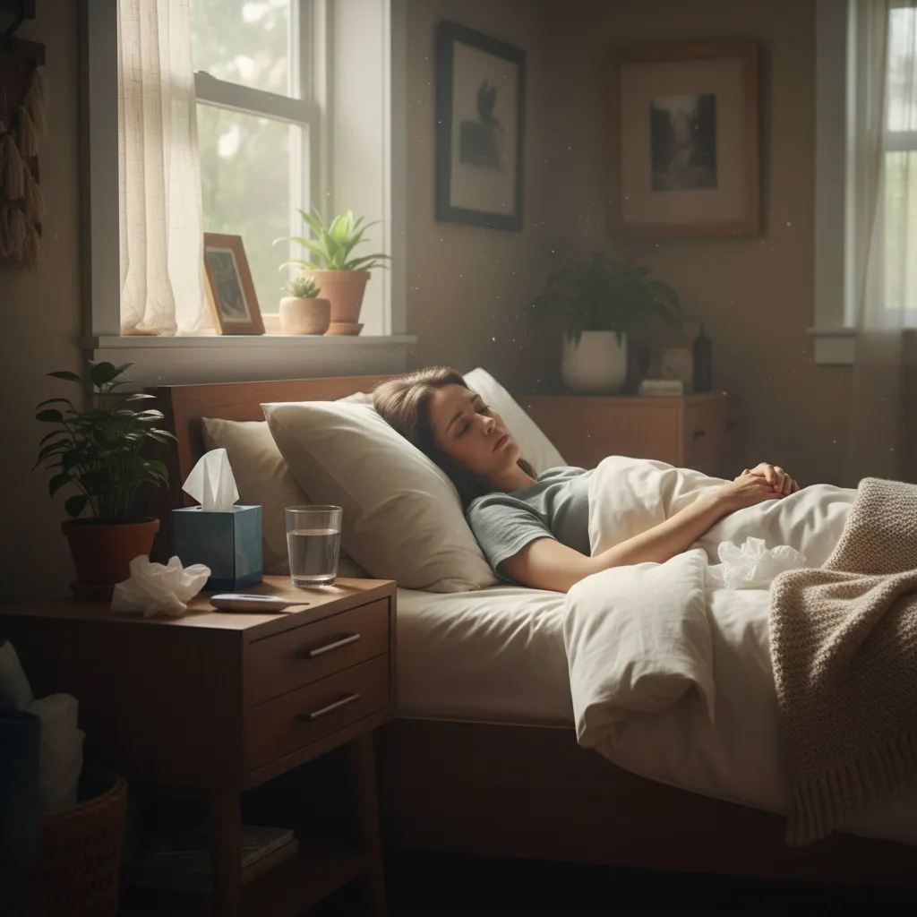 Woman sick in bed with the flu, with tissues and water on the nightstand