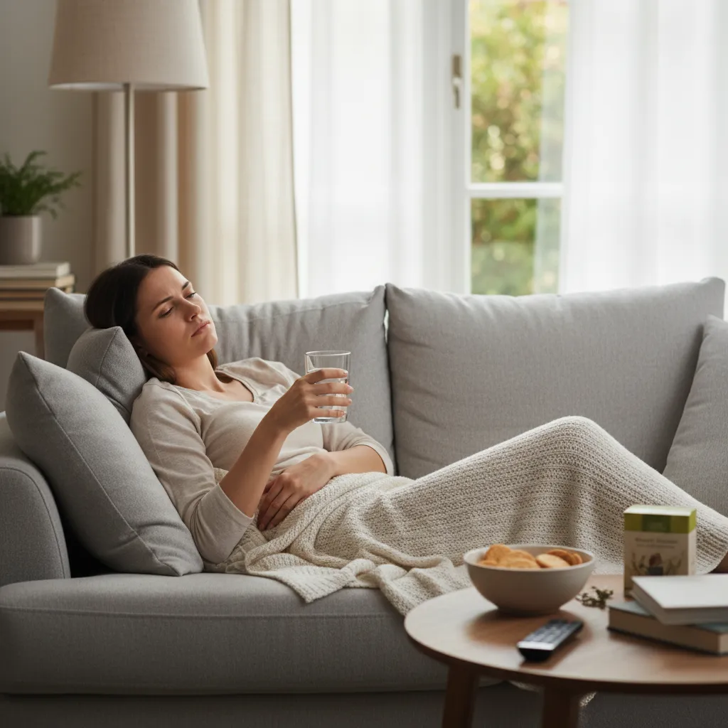 Woman lying on a sofa with a glass of water, recovering from a stomach illness