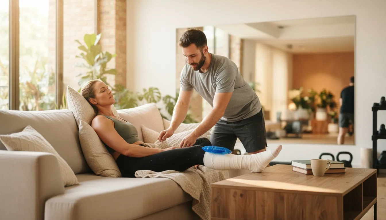Man helping a woman with a leg injury rest on a sofa at home