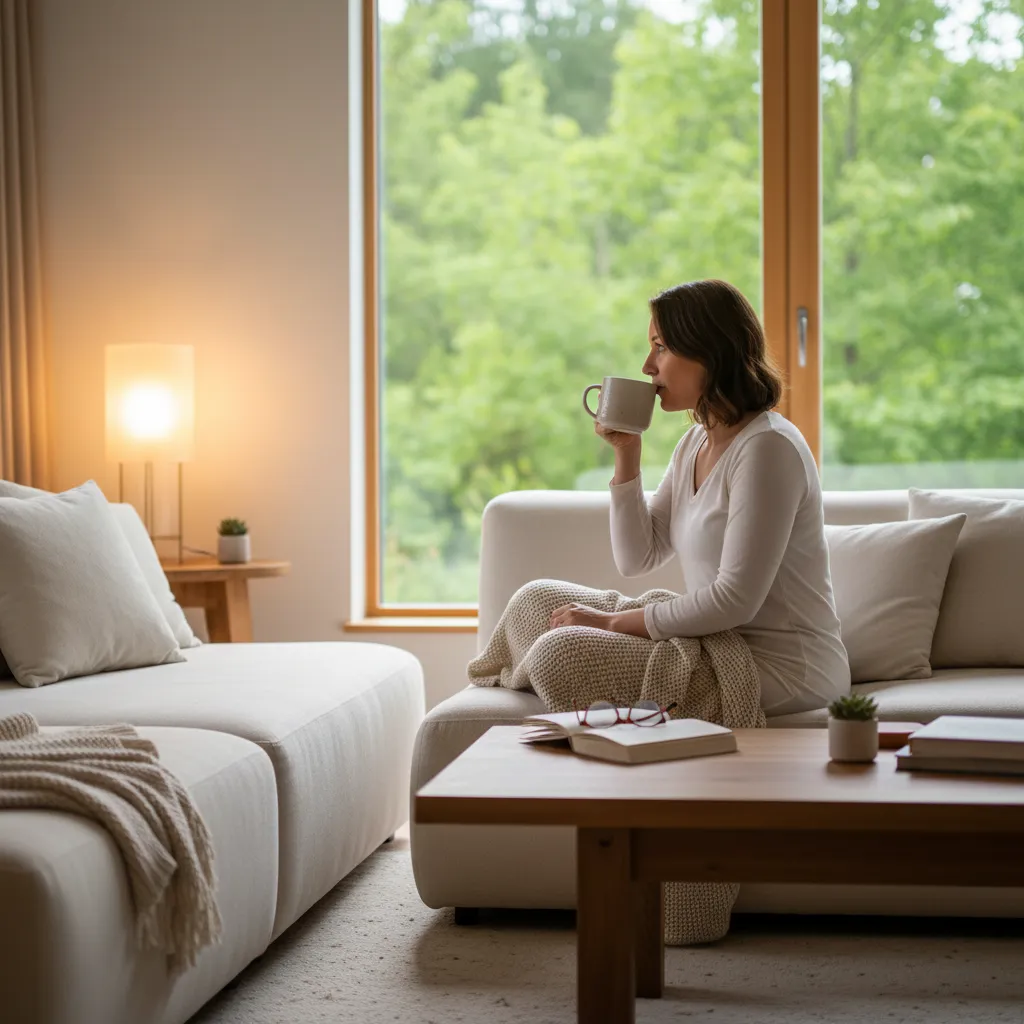 Woman sipping a warm drink on a sofa during a quiet day at home