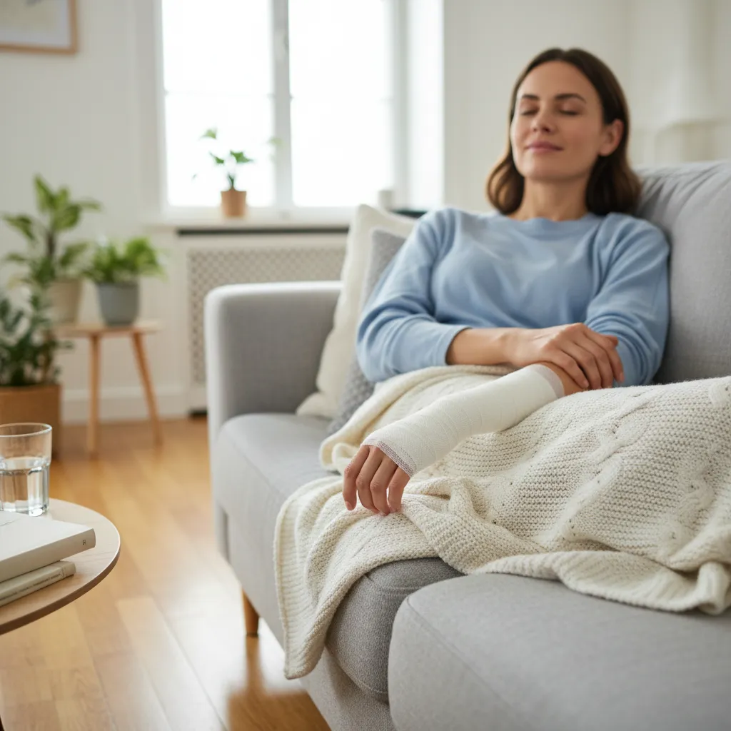 Person resting on a sofa with a bandaged arm after a procedure