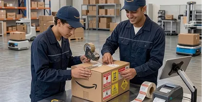 Warehouse associates packing an Amazon shipment