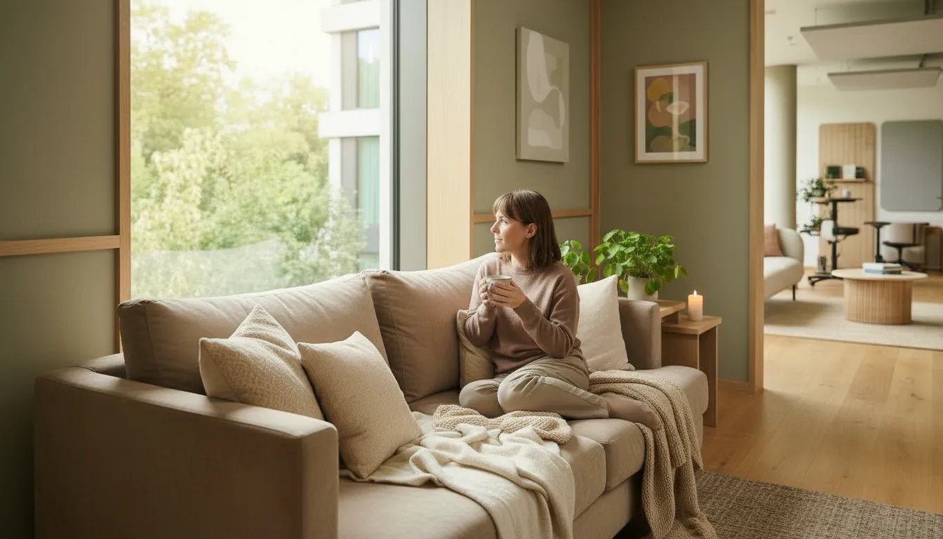 Woman taking a quiet moment on a sofa at home with a warm drink