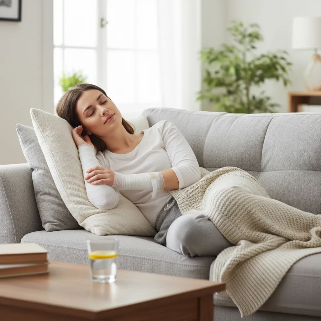Woman recovering on a sofa under a knit blanket after a procedure