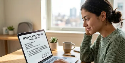 Woman at a laptop reviewing her clinician-signed note