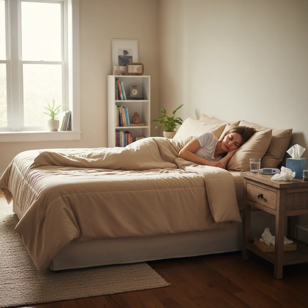 Woman resting in bed at home while sick, with tissues and water on the nightstand
