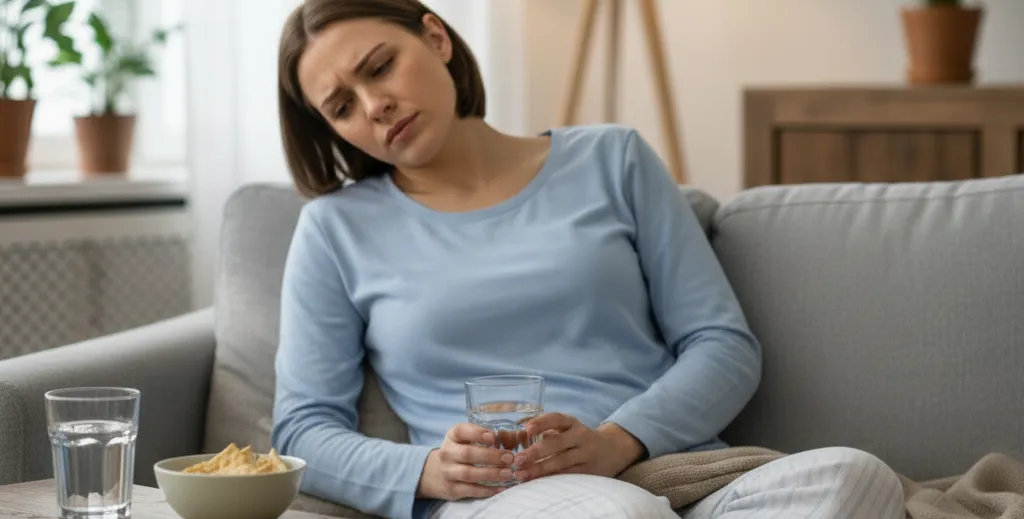 Woman on a sofa holding her stomach, with a glass of water and a bowl of plain food nearby