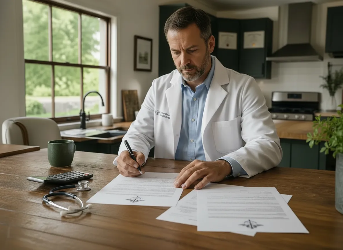 Physician at a table reviewing and signing a medical note