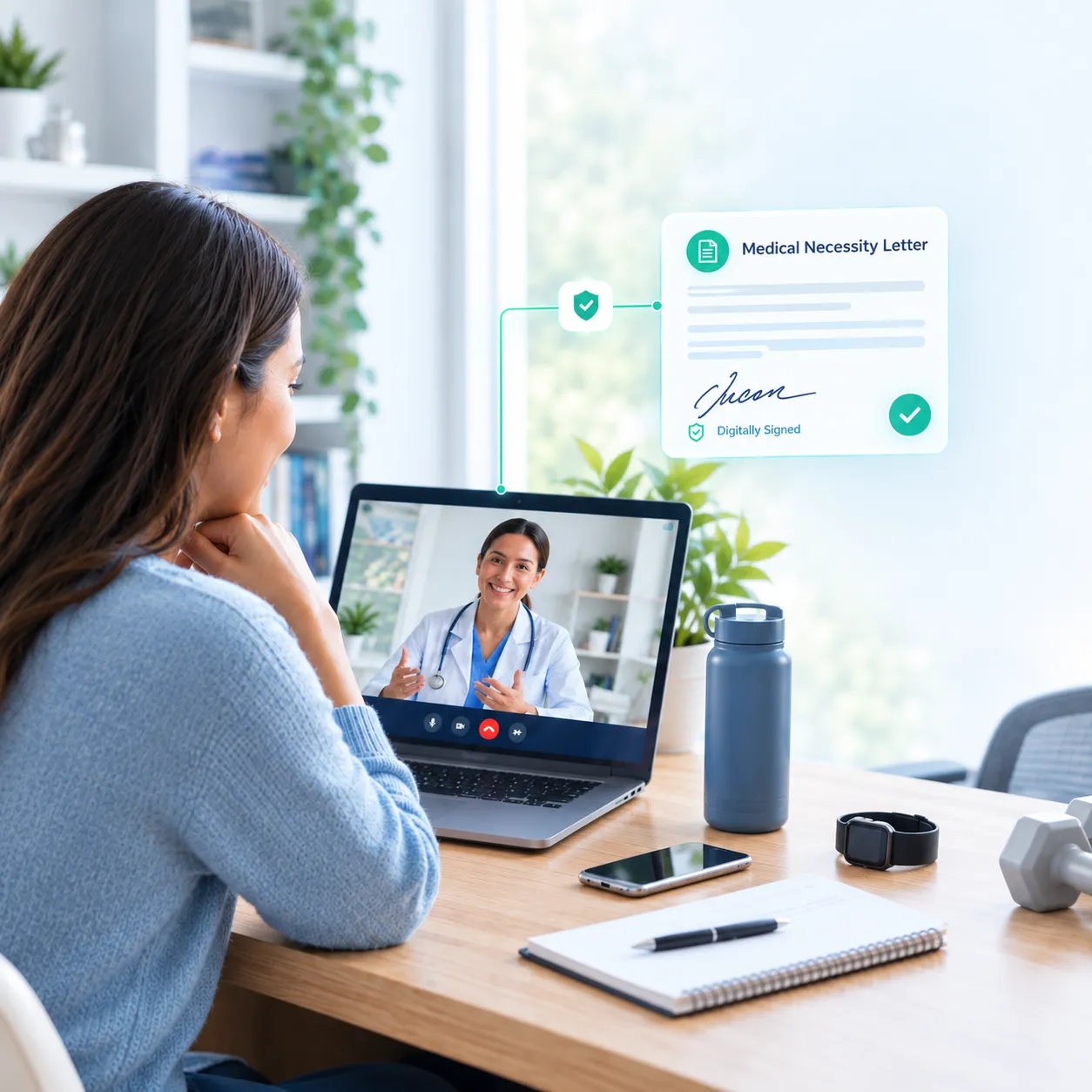 Woman on a telehealth video call with a physician on her laptop, with a digitally signed Medical Necessity Letter