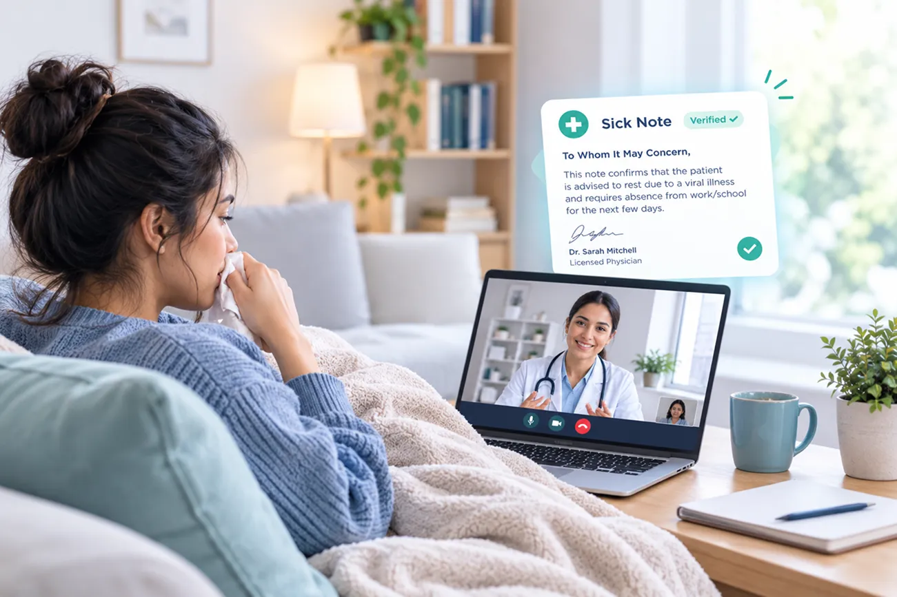 Woman resting on a sofa during a video visit with a clinician, with a signed doctor's note on screen
